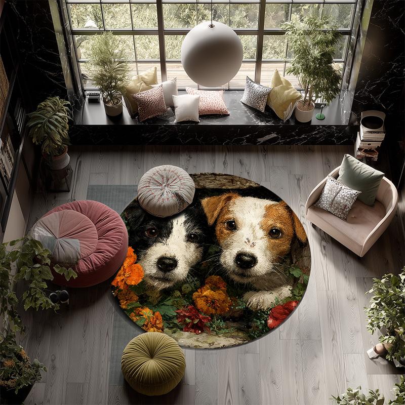 Door Frame Flower Dog,Round Area Rug,Carpet Rug for Living Room Bedroom Sofa Playroom Decor,Non-slip Floor Mat