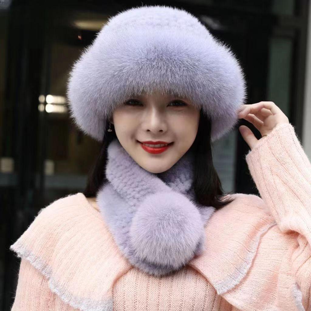 Women's Hat Faux Fox Fur Hat Winter Extra Thick Ladieswear Style Mongolian Beret Scarf and Baotou Basin Hat Wind and Snow Hat