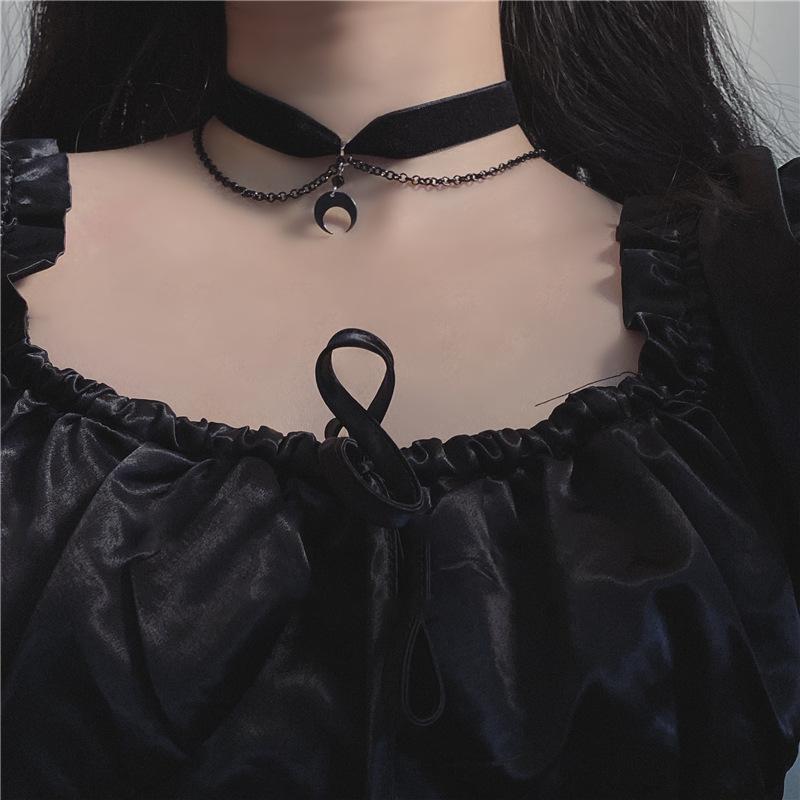 Gothic Black Crescent Choker Necklace for Women - Dark Neck Strap Accessory