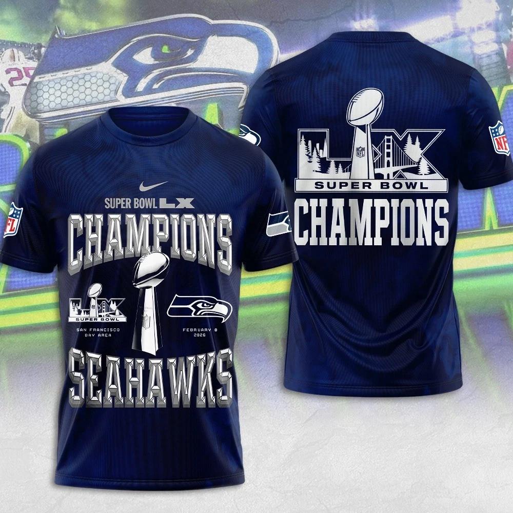 Seattle Seahawk 2025 Super 1Bowl LX Champions 3D Apparel Shirt S-5XL Style19 S