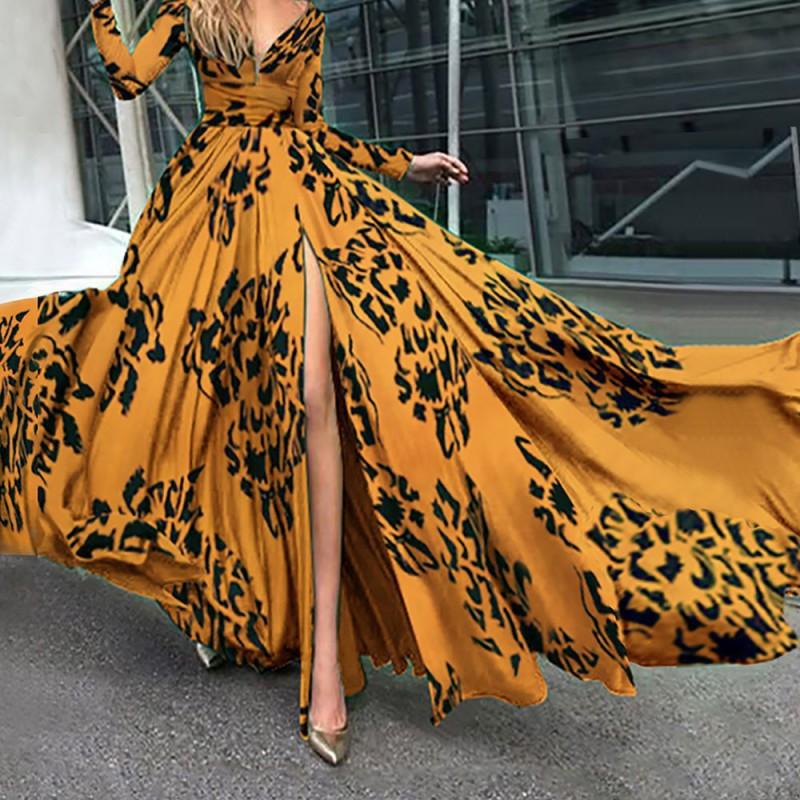 European American Women s Clothing Deep V-neck Long-sleeved Printed Big Swing Dress New Long S жёлтый