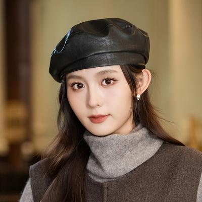 Elegant Retro Lady Beret Hat PU Leather Leisure Cap  For Travel Beach Parties  For Autumn And Winter