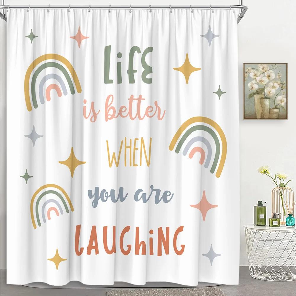 Kids Rainbow Shower Curtain Cartoon Cute Stars Clouds Love Inspirational Quotes Flower Boy Girl Polyester Bathroom Decor Curtain