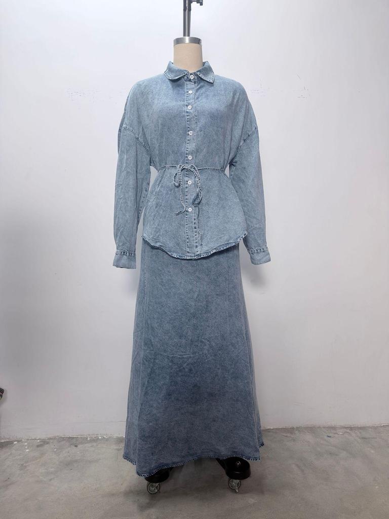 2025 Herbst/Winter Europäische & Amerikanische Mode: Damen Locker geschnittener Jeansmantel und Hemd mit Krawatte Set