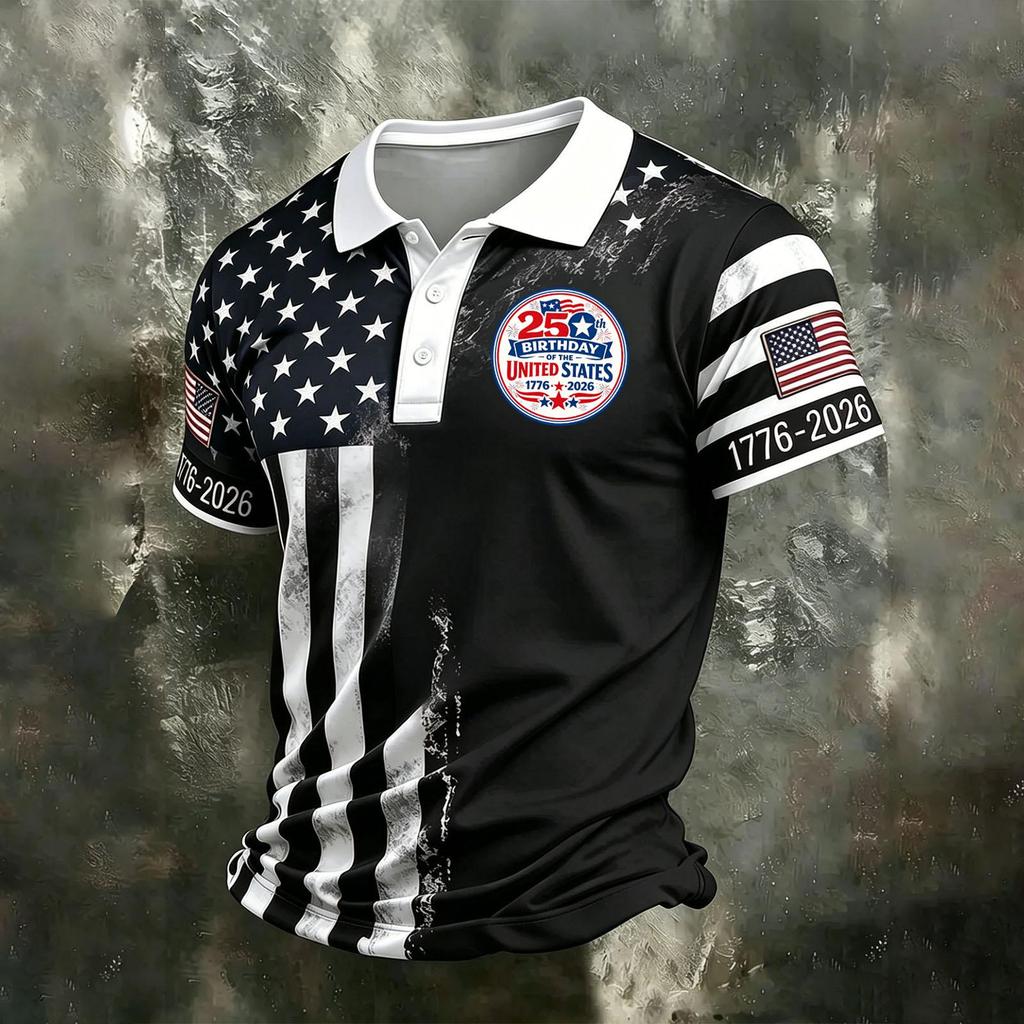 Men's Casual Quick Dry Mesh Golf Polo Shirt Short Sleeve Letter Print 250th Birthday States Theme 1776-2026 Collar Top