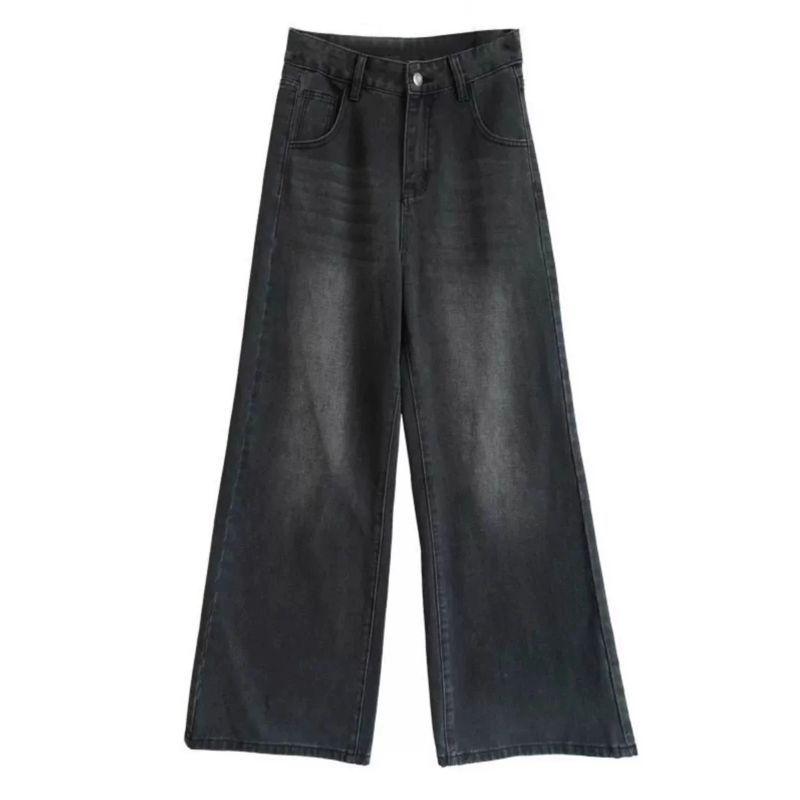 Women's Plus Size Black High Waist Straight Leg Jeans - Slimming Loose Fit for Pear Shape, Floor-Length