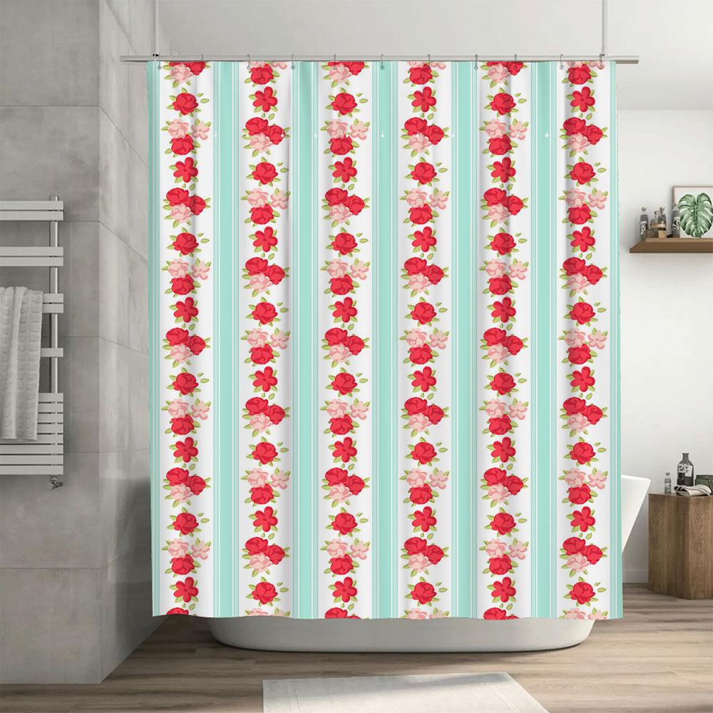 Floral Striped Shower Curtain Soft Fabric Waterproof Bath Decor For Home Bathroom Red Floral Print 72 X 84 Inches (69 Inches) Li