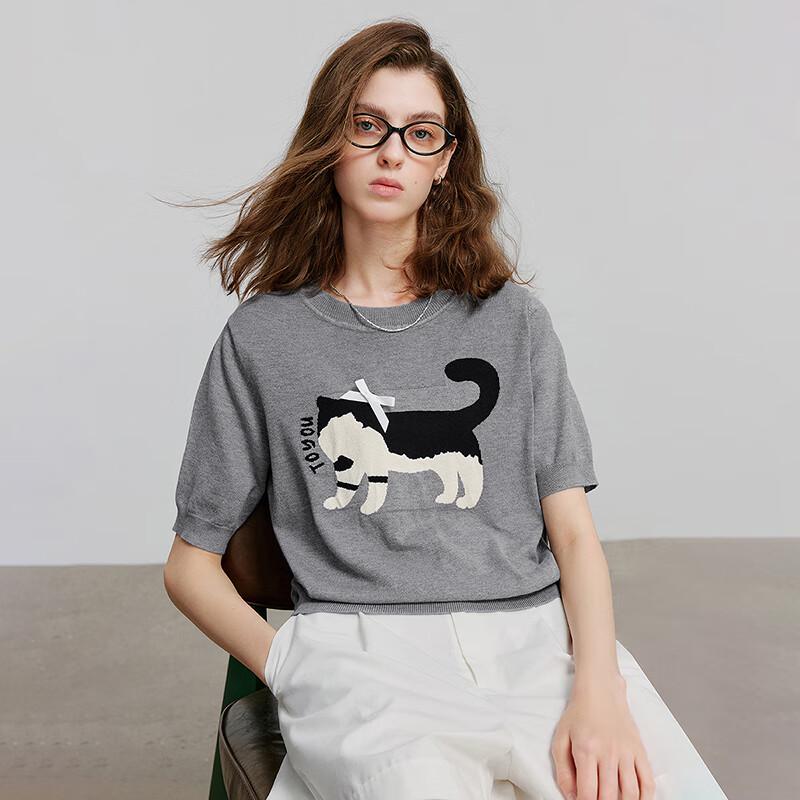 Chuyu Damen Schleife Katze Jacquard Rundhals Kurzarm Stricktop
