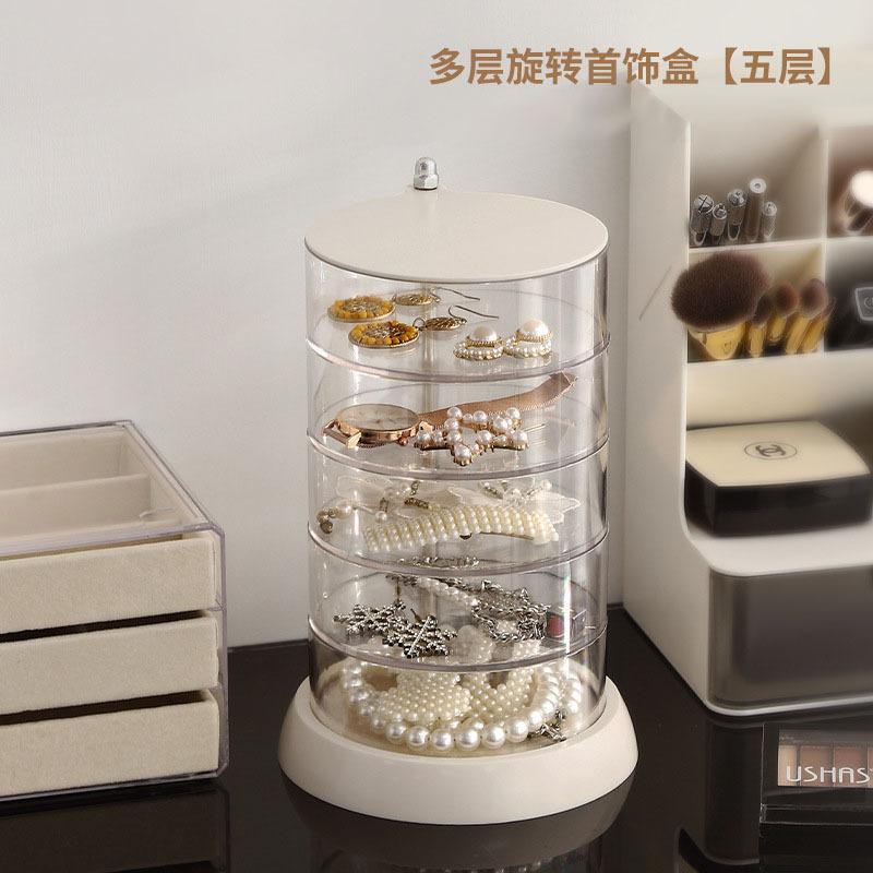 Transparent rotating jewelry organizer with multiple layers, large-sized cushion puff and beauty sponge storage rack, rotatable