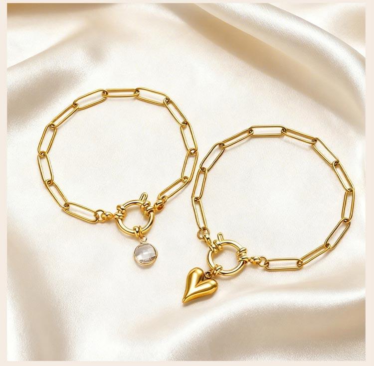 18K Gold Plated Stainless Steel Paperclip Link Chain Bracelet for Women, Spring Clasp Toggle Clasp Zircon Heart Charm Bracelet