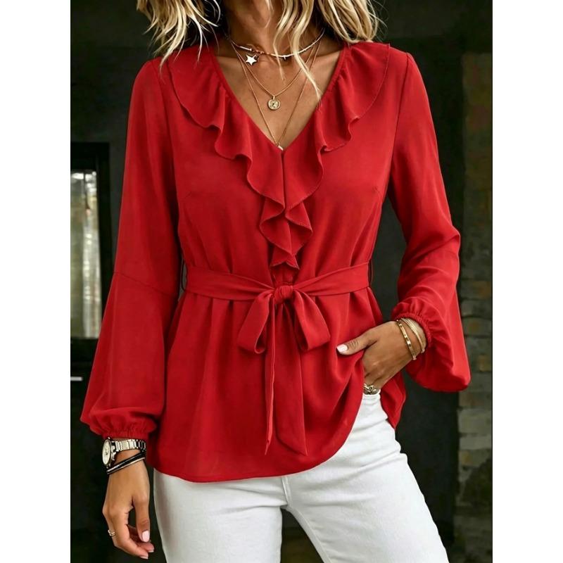 Women S V Neck Long Sleeve Lantern Shirt With Ruffle Tie Waist Solid Color Casual Blouse