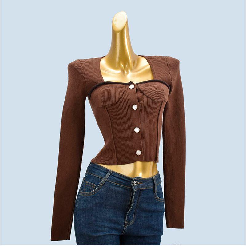 Sweet and Spicy Chic High Quality Thick Spring and Autumn Square Collar Short Silm Sexy Long Sleeves Knitting Soft Glutinous Cardigan Women