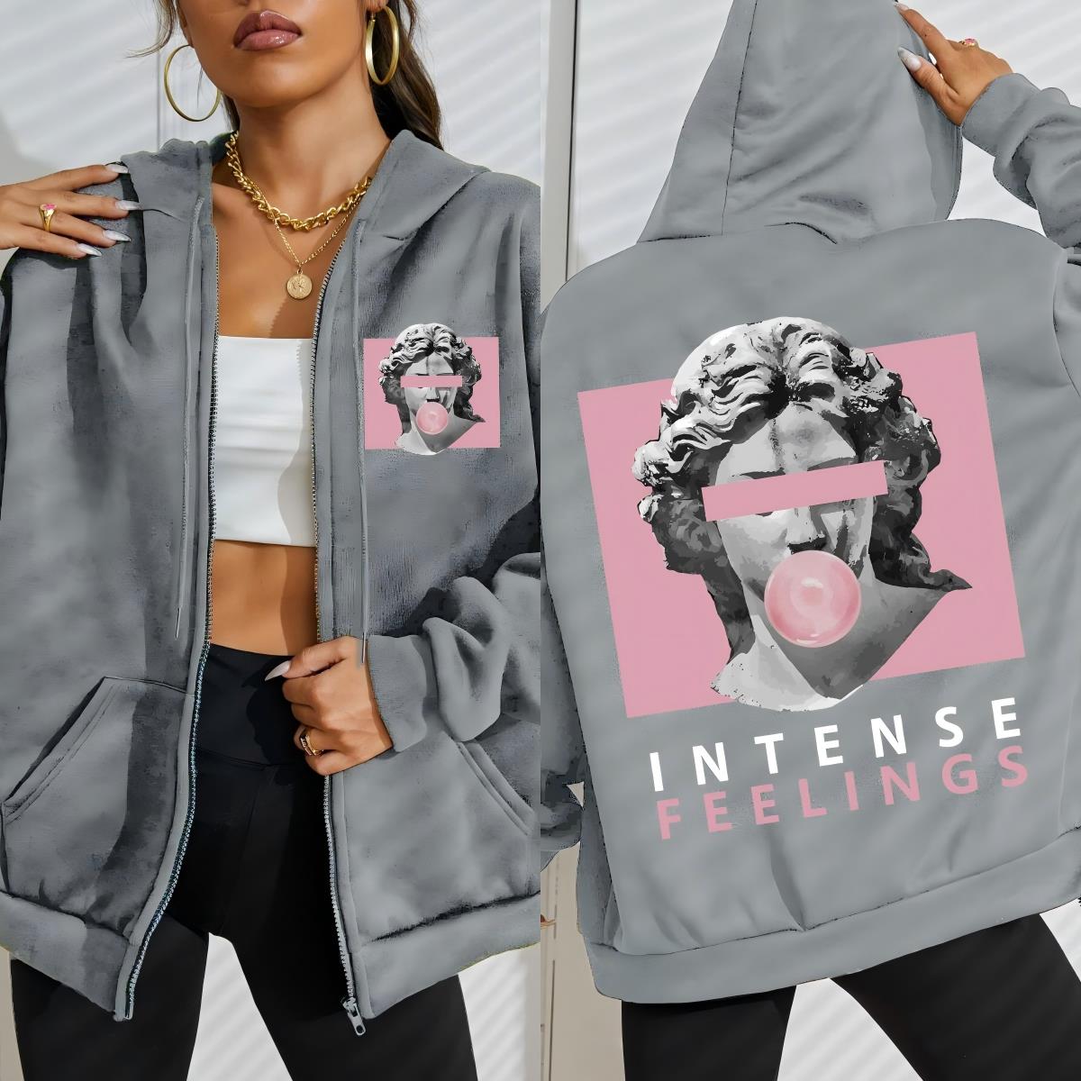 

Intense Feelings Sculpture Blowing Pink Bubbles Print Womens Zipper Hoodie Loose Fleece Hoody Hoodies Soft Tops S