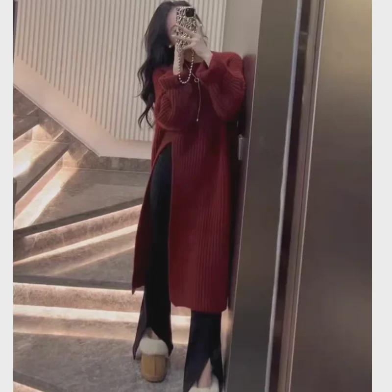 Women's Korean-Style Loose Sweater Dress, Side Slit, Over-Knee, Mid-Length, for Spring and Autumn 2025