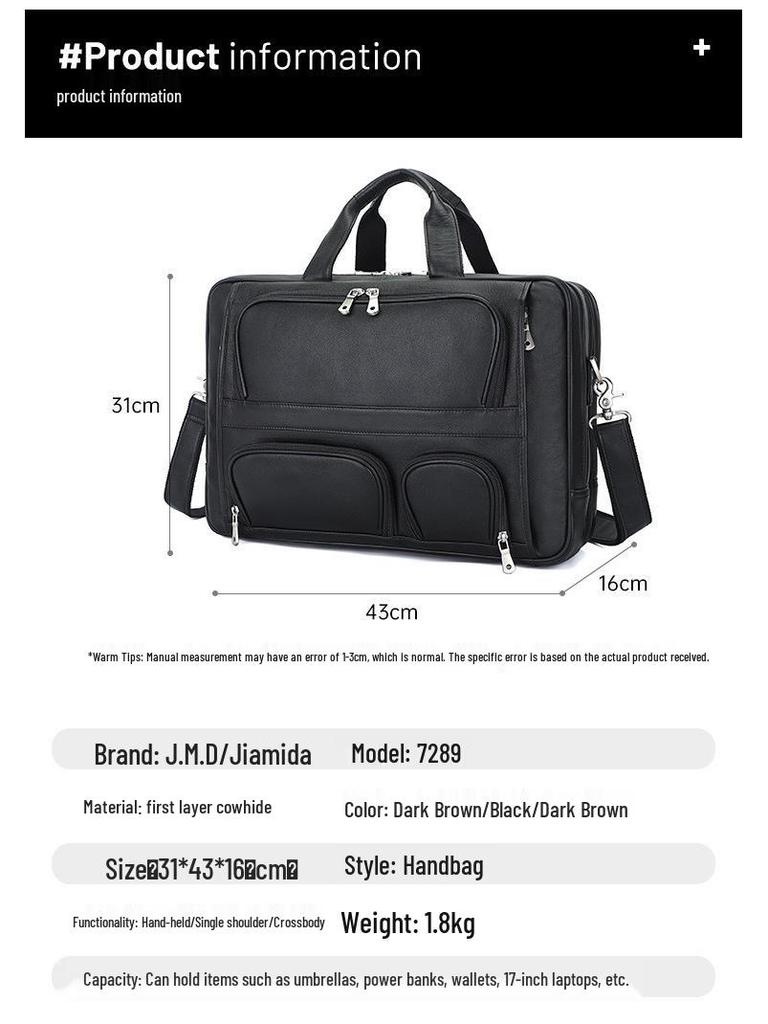 Jiameida Retro Genuine Leather Men's Business Briefcase - Large Capacity Handbag and Laptop Bag