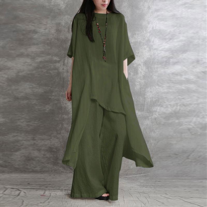 Damen-Hosen-Set aus Baumwollleinen, 2-teilig, lässig, halbe Ärmel, einfarbig, lockere Bluse und hohe elastische Taille, weites Bein, volle Hose