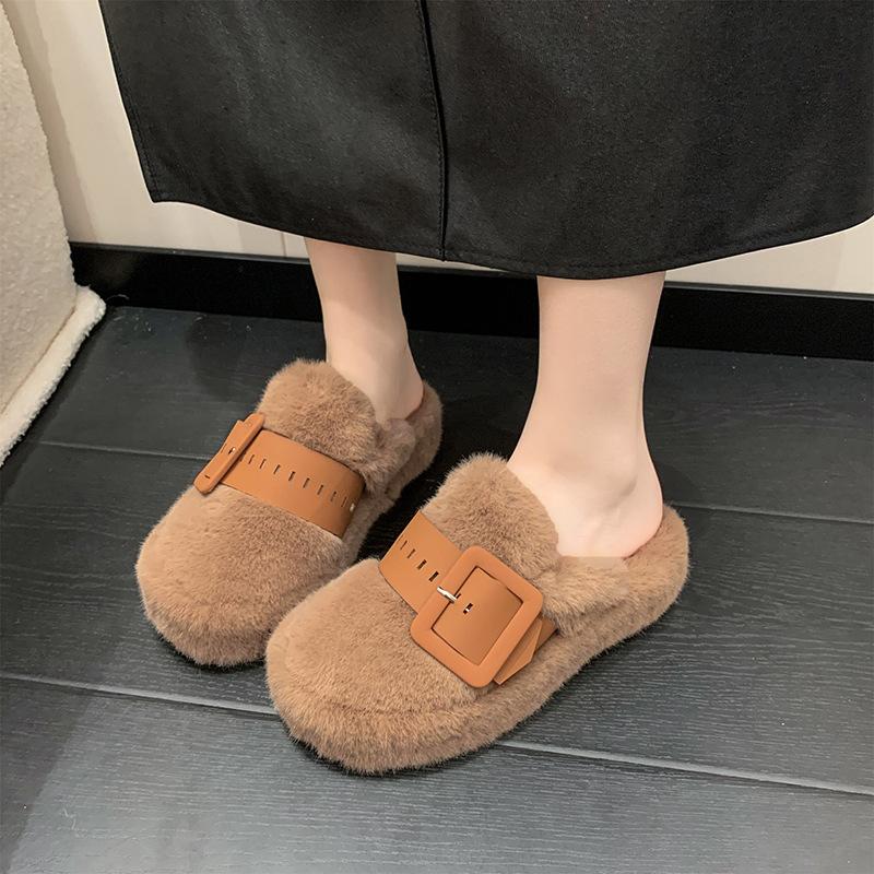 Thick-soled Fluffy Slippers for Women To Wear In Autumn and Winter 2025, New Muffin Half-slippers, High-end Cotton Slippers