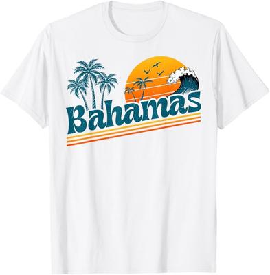 T-shirt unisexe Rétro Bahamas Plage Vacances d'Été Coucher de Soleil Années 70 80 Palmier