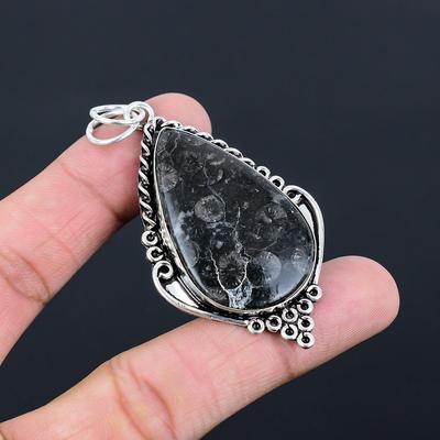 Sterling Silver Pear Natural Black Fossil Coral Anniversary Boho Pendant Jewelry
