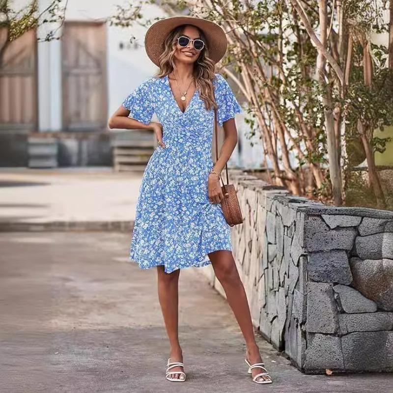 Fashion Women Summer Short Sleeved Floral Dress V-neck A-line Party Holiday Medium and Long Dresses Elegant Printed Simple Women's Clothing