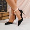 Summer New Pointed High-heeled  Sandals Shoes for Women, Red Suede Pearl Straight Buckle with Thin Heels Shoes Women