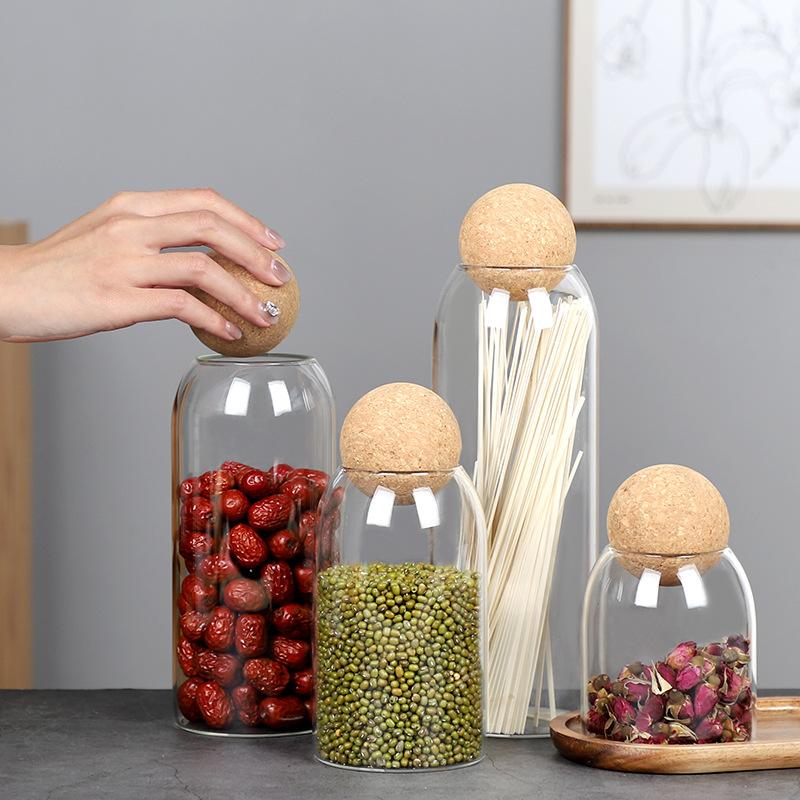 1pc Storage Container, Round Sealed Jar Glass Storage Jar With Sustainable Cork Lid, For Coffee,Tea,Spices ,Kitchen Organizers