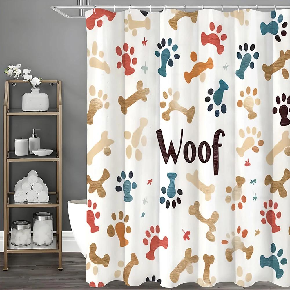 Cartoon Puppy Paw Print Bone Woof Woof Shower Curtain, Bathroom Decorative Shower Curtain, Waterproof Shower Curtain with Hooks