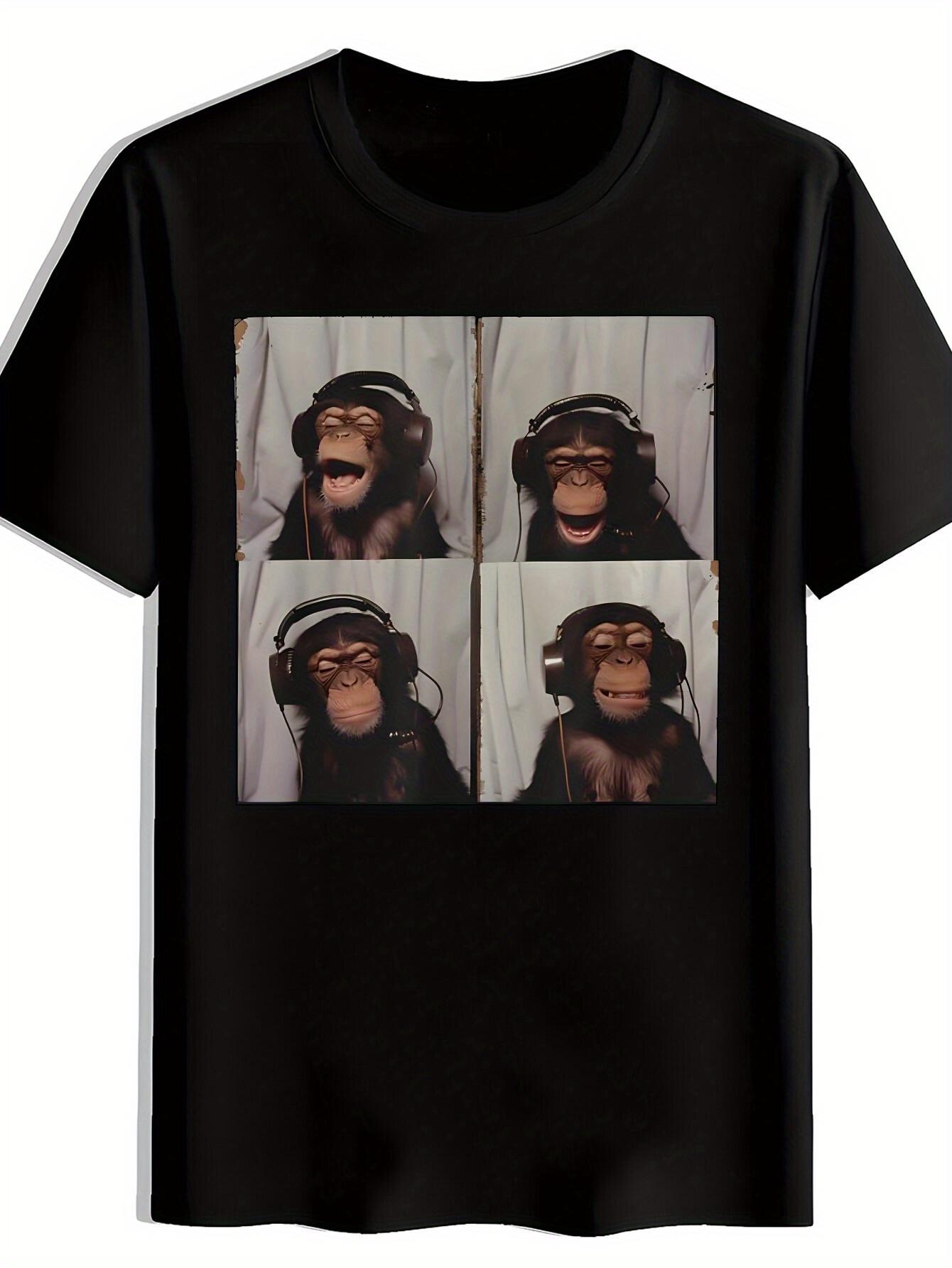 Casual Graphic T-shirt - Fun Monkey in Headphones Print M