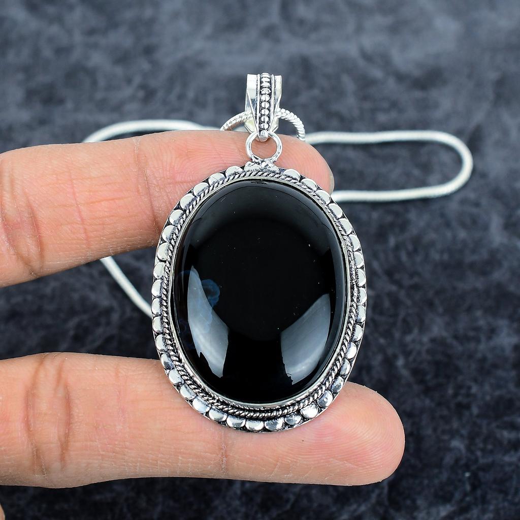 Black Onyx Gemstone Handmade 925 Sterling Silver Jewelry Pendant 2.40" M-2853