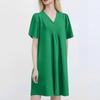 Women's Casual Loose Fashion Retro Cotton Short Sleeve V-neck Pleated Dress