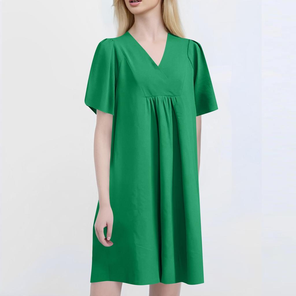 Women's Casual Loose Fashion Retro Cotton Short Sleeve V-neck Pleated Dress