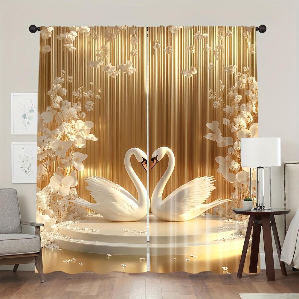 2 Pcs Art Renaissance Style Gold Floral & Swan Curtains – Polyester for Elegant Bedroom & Living Room Decor