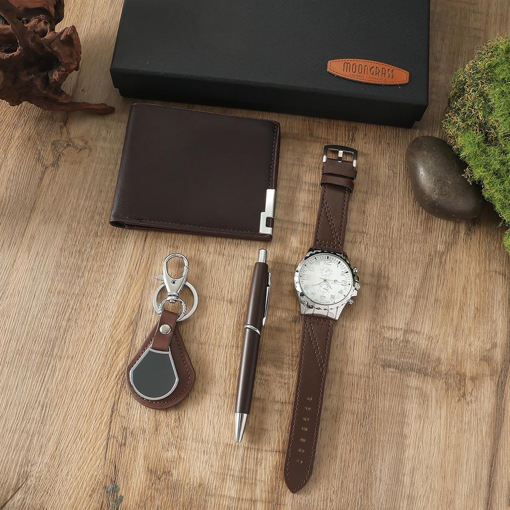 2025 Men's 4-Piece Gift Set: Brown Watch, Wallet, Leather Belt, Keychain