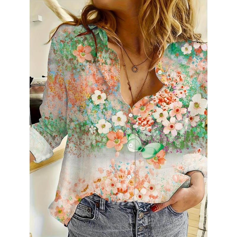 Mother's Day Women's Fashion Floral Print Long Sleeve Turned Collar Shirt
