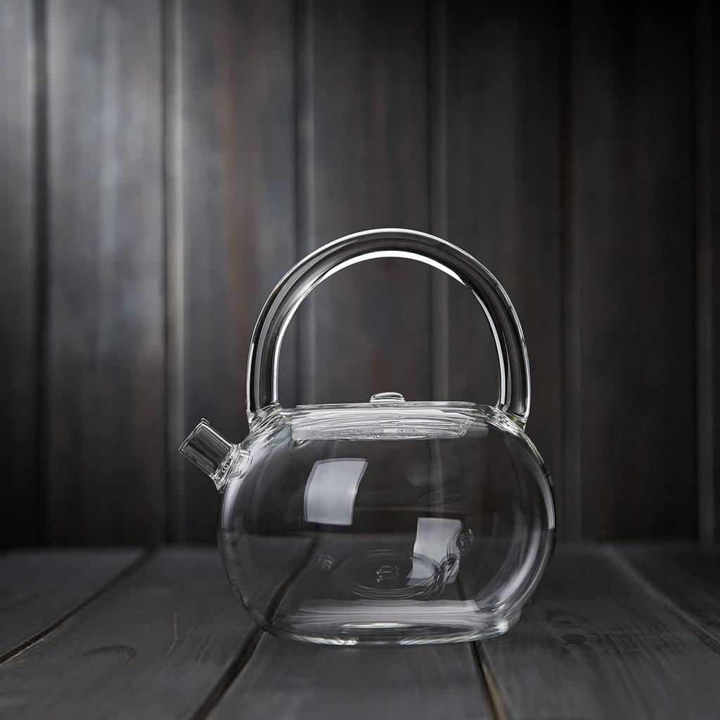 Pokaro Tea Clear Round Teapot, Heat-Resistant Glass Teapot, Shatter-Resistant, Direct Heat Safe, Large Capacity 850ml, Clear Glass, Hand-Shaped