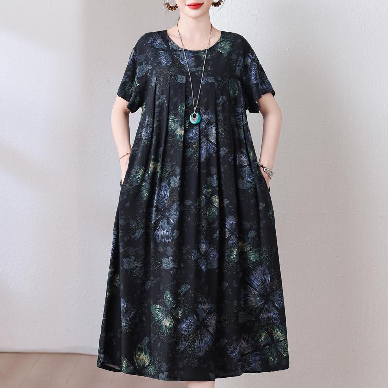 Plus Size Loose Vintage Print Langes Kleid für Damen Lässige Kurzarm-Sommer-Damenkleider