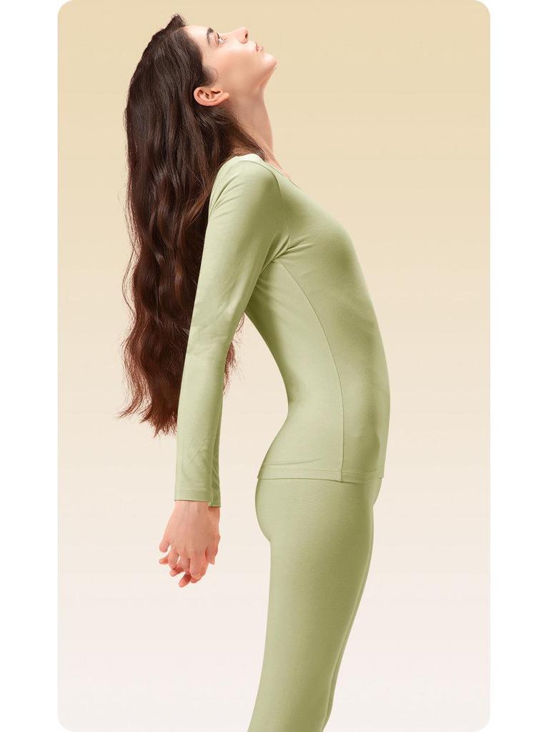 Women's Seamless Thermal Underwear Set - Antibacterial, High Elastic, Plus Velvet, Thin, Long Sleeve, Round Neck, Cotton Blend, Autumn.