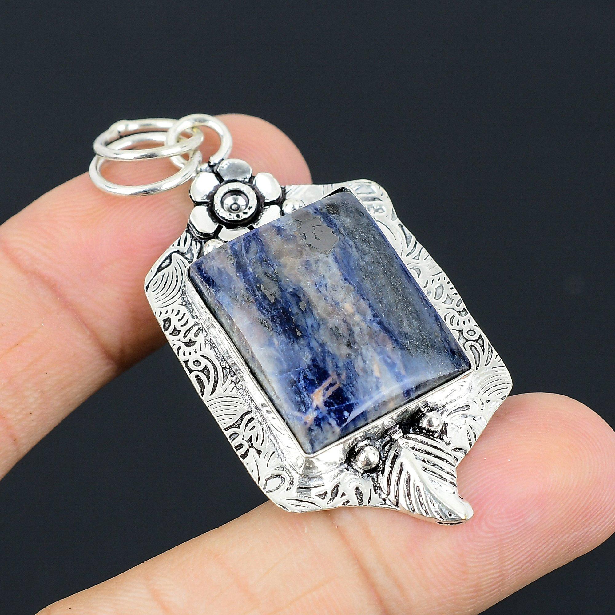 

Daughters Day Sale Sterling Silver Sodalite Gemstone Wife Wedding Flower Pendant