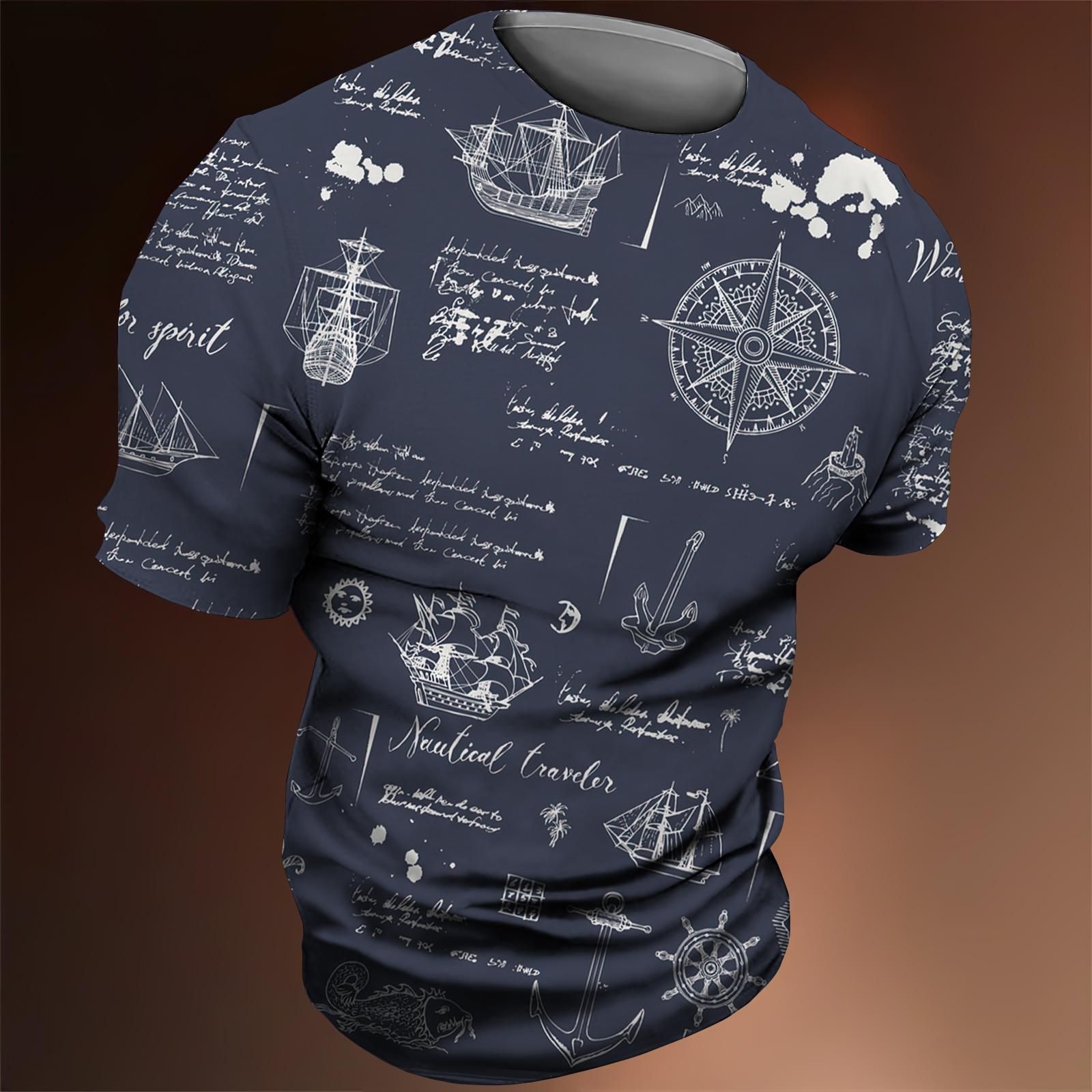 

Футболка с 3D-морским принтом для мужчин, топы с рисунком компаса, футболки с круглым вырезом, harajuku, крутая уличная одежда, дешевая модная мужская одежда 4XL