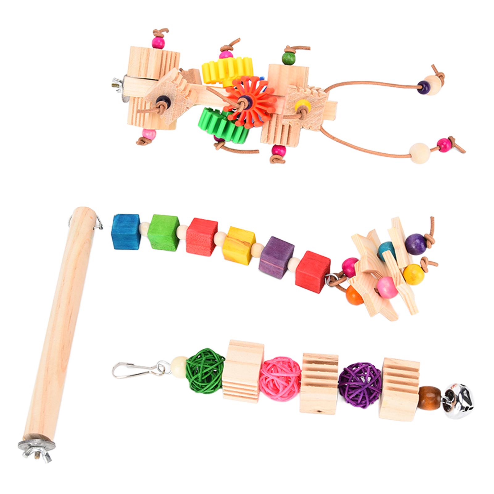 

3Pcs Parrot Chewing Toys Slotted Wooden Block Toy Parrot Stand Stick Cage Bite String Toy Set