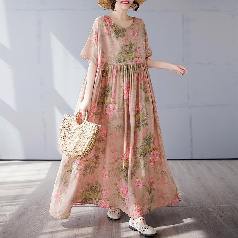 Einfaches böhmisches langes Kleid Sommer neu gefüttert Übergröße Kurzarm Rundhals bedrucktes Kleid Damenbekleidung
