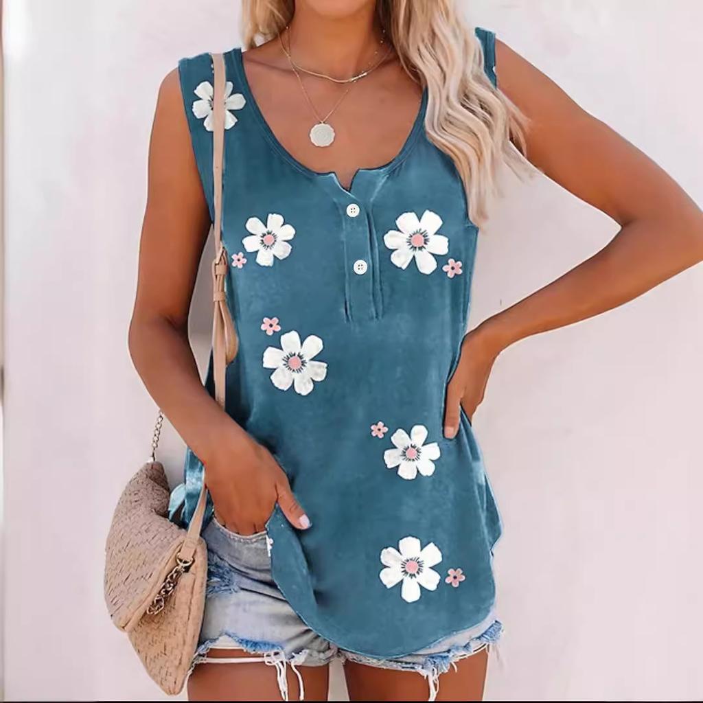 Women's summer vest casual and fashionable round neck sleeveless flower print vest
