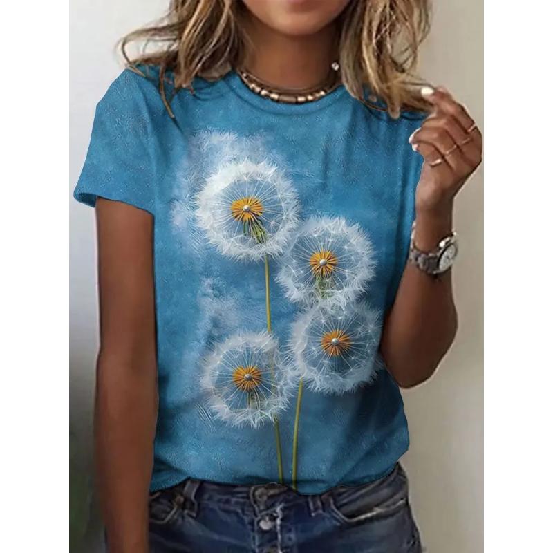 Dandelion Short Sleeve Fashion Women's Crew Neck T-Shirt 3D Dandelion Color Printing Crew Neck Short Sleeve