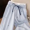 Women Pants Light Blue White Vertical Stripes Loose Straight Cut Long Trousers Bow Print Adjustable Drawstring High Waist Elastic Waistband