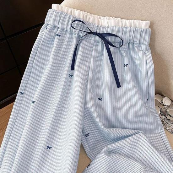 Women Pants Light Blue White Vertical Stripes Loose Straight Cut Long Trousers Bow Print Adjustable Drawstring High Waist Elastic Waistband