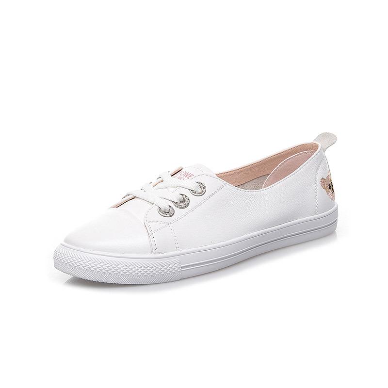 2025 Korean Style Women's White Genuine Leather Flat Casual Shoes
