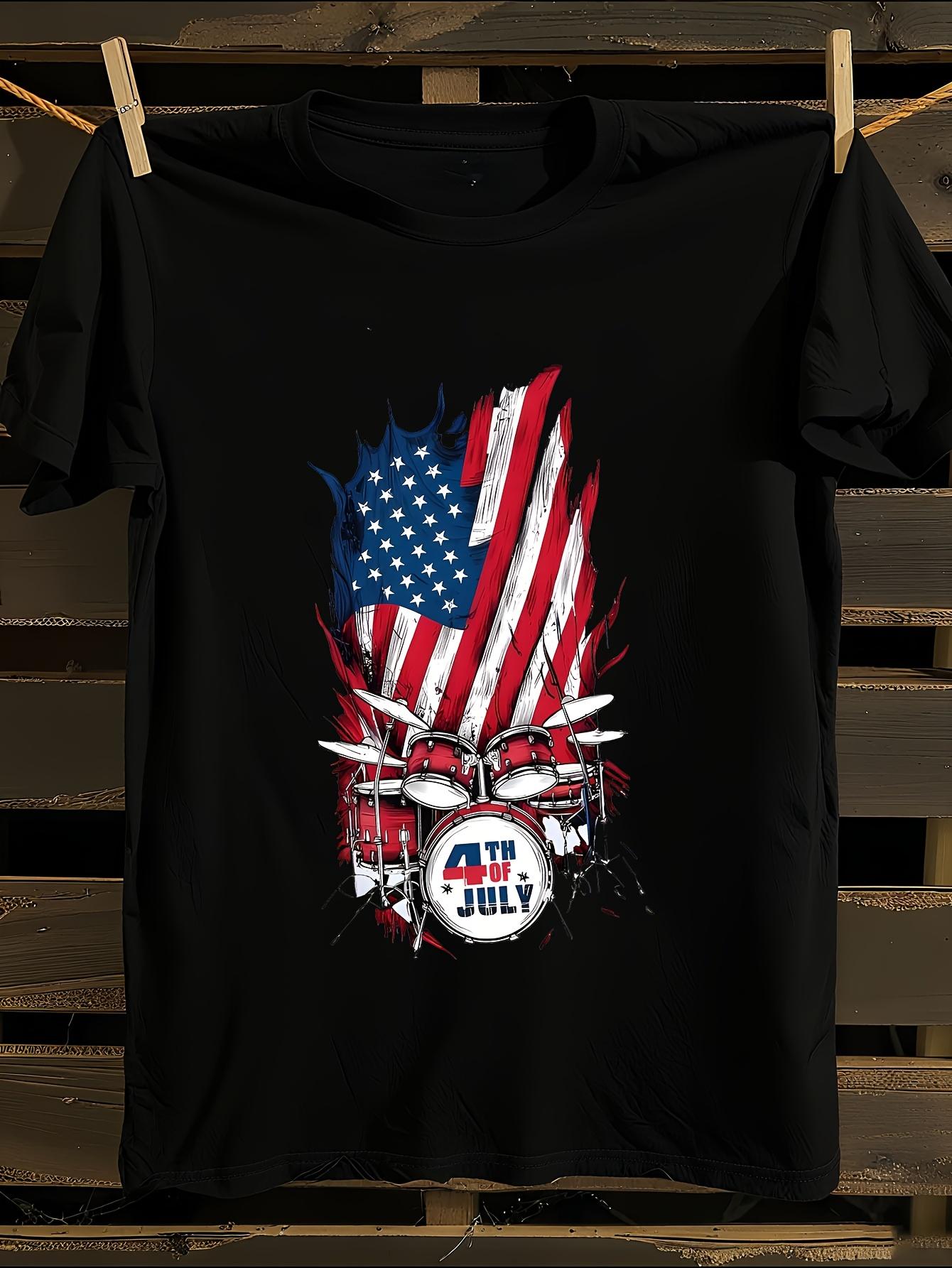 Plus Size Black American Flag Drum Patriotic Tshirt XL