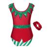 Kids Christmas Costume Color Block Jumpsuit Bell Pom Pom Sequin Adorned Elastic Headband Holiday Party Outfit