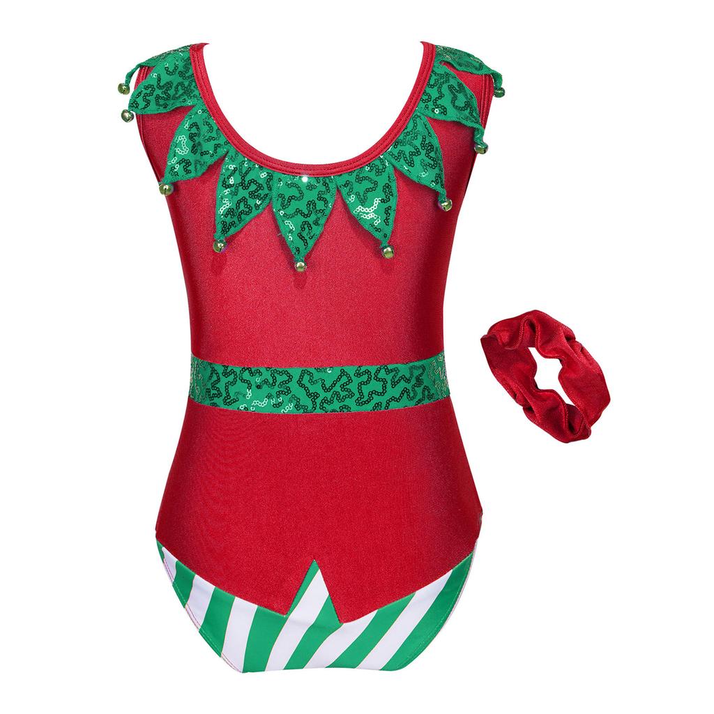 Kids Christmas Costume Color Block Jumpsuit Bell Pom Pom Sequin Adorned Elastic Headband Holiday Party Outfit