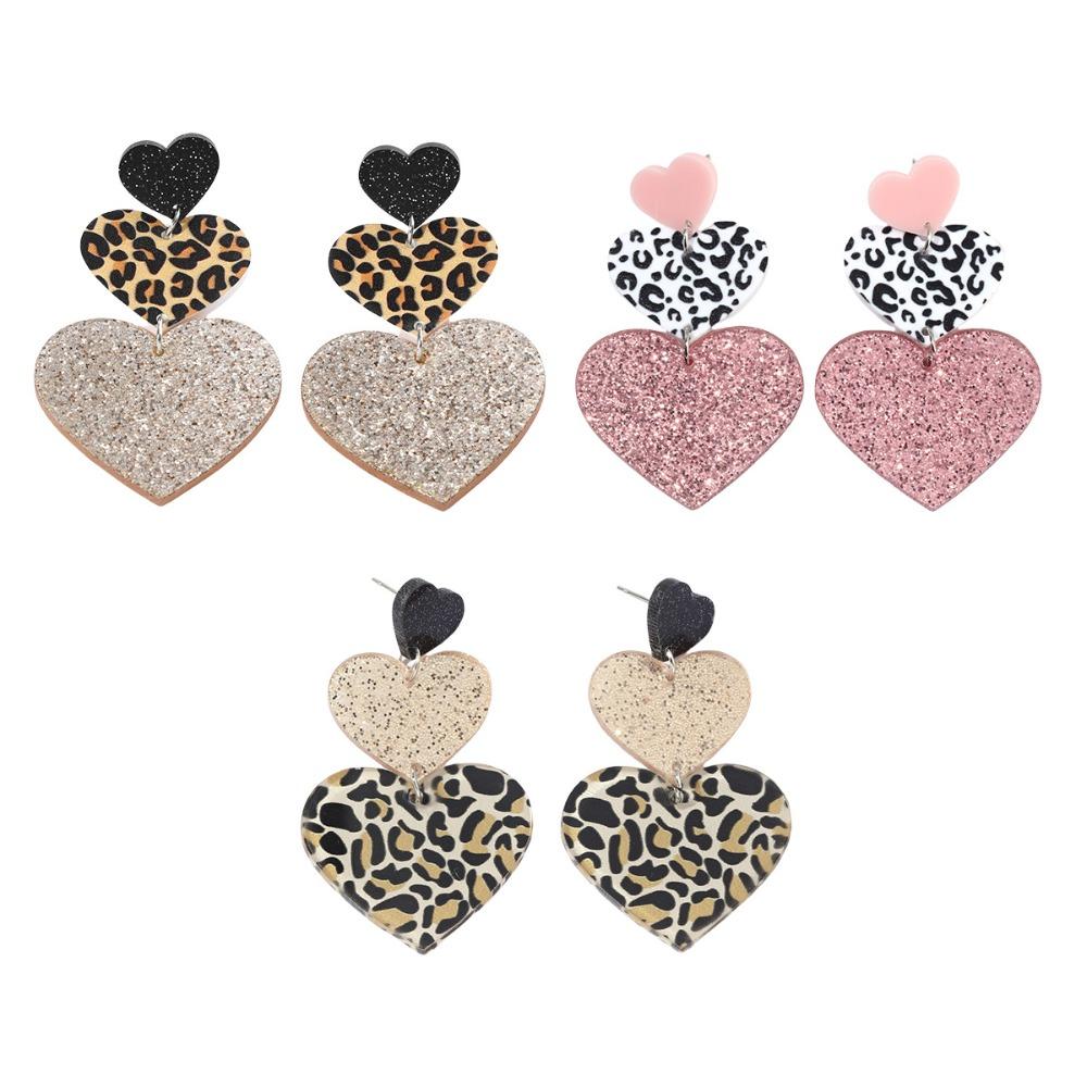 Sexy Süß Glitzerpuder Rosa Leopardenmuster Herzförmiger Acryl-Anhänger Hängende Ohrringe für Damen Weihnachten Designer Schmuck